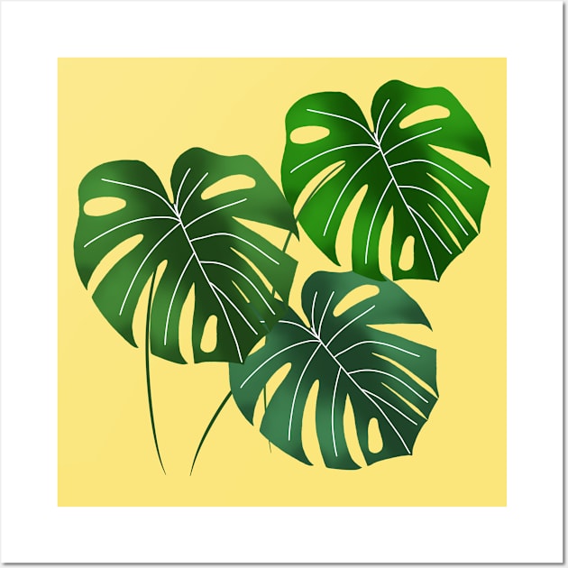 Monstera leaves on yellow Wall Art by Juliana Costa